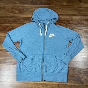 Nike Organic Cotton Sweater Full Zip Hoodie Blue Drawstring Women's Size Large